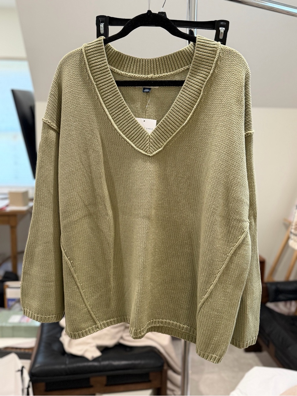 American Eagle Outfitters Olive V-Neck Knit Sweater